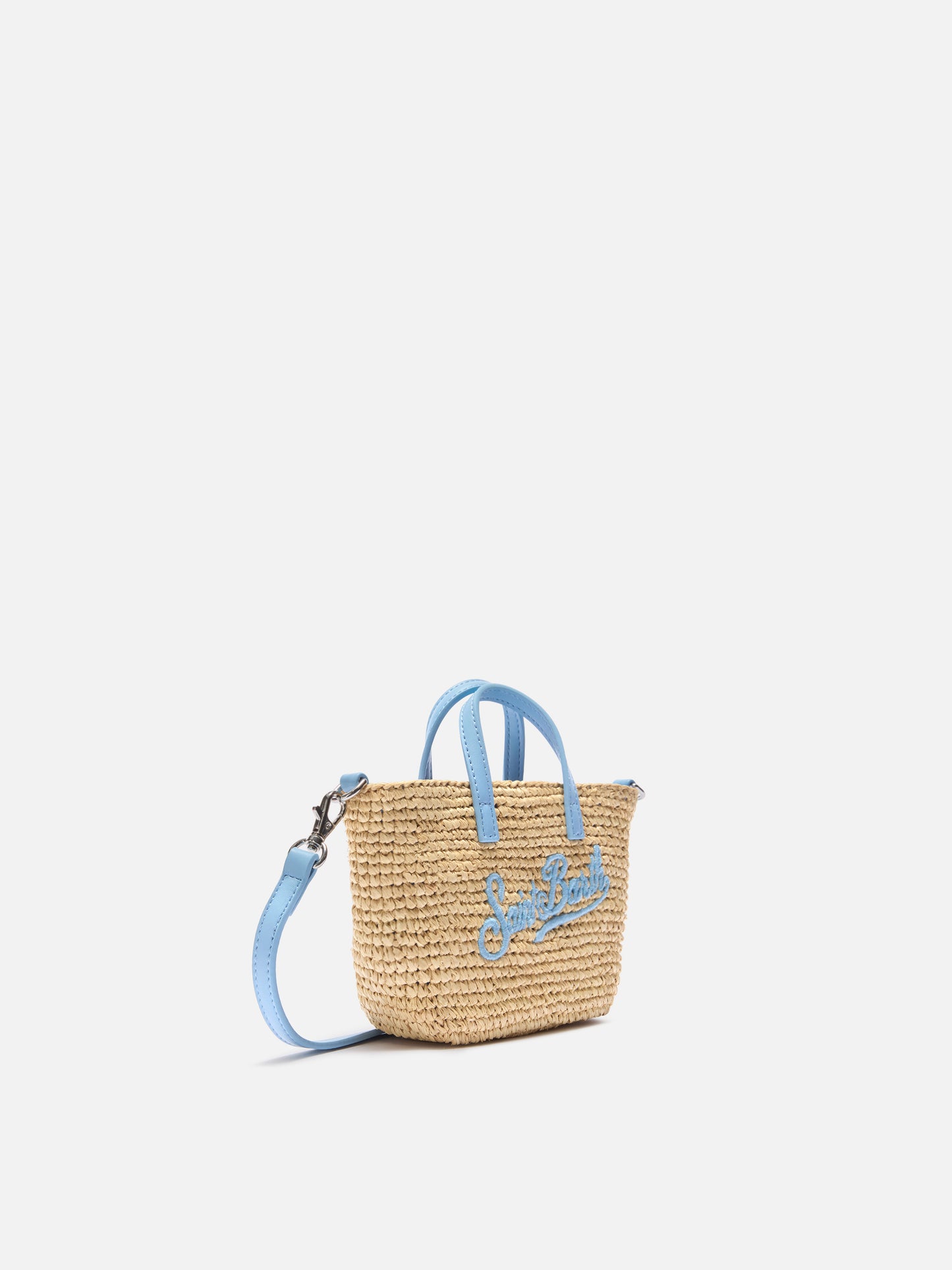 Micro City raffia bag with contrasting light blue embroidered logo