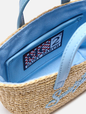 Micro City raffia bag with contrasting light blue embroidered logo