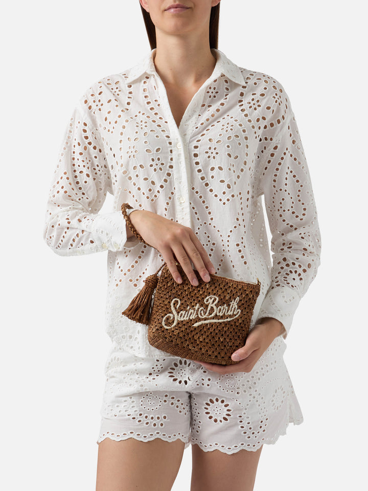 Brown Raffia pouch with embroidered logo
