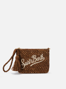 Brown Raffia pouch with embroidered logo
