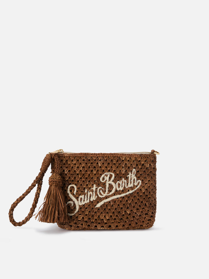 Brown Raffia pouch with embroidered logo