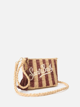 Pochette en raphia rayé avec logo brodé 