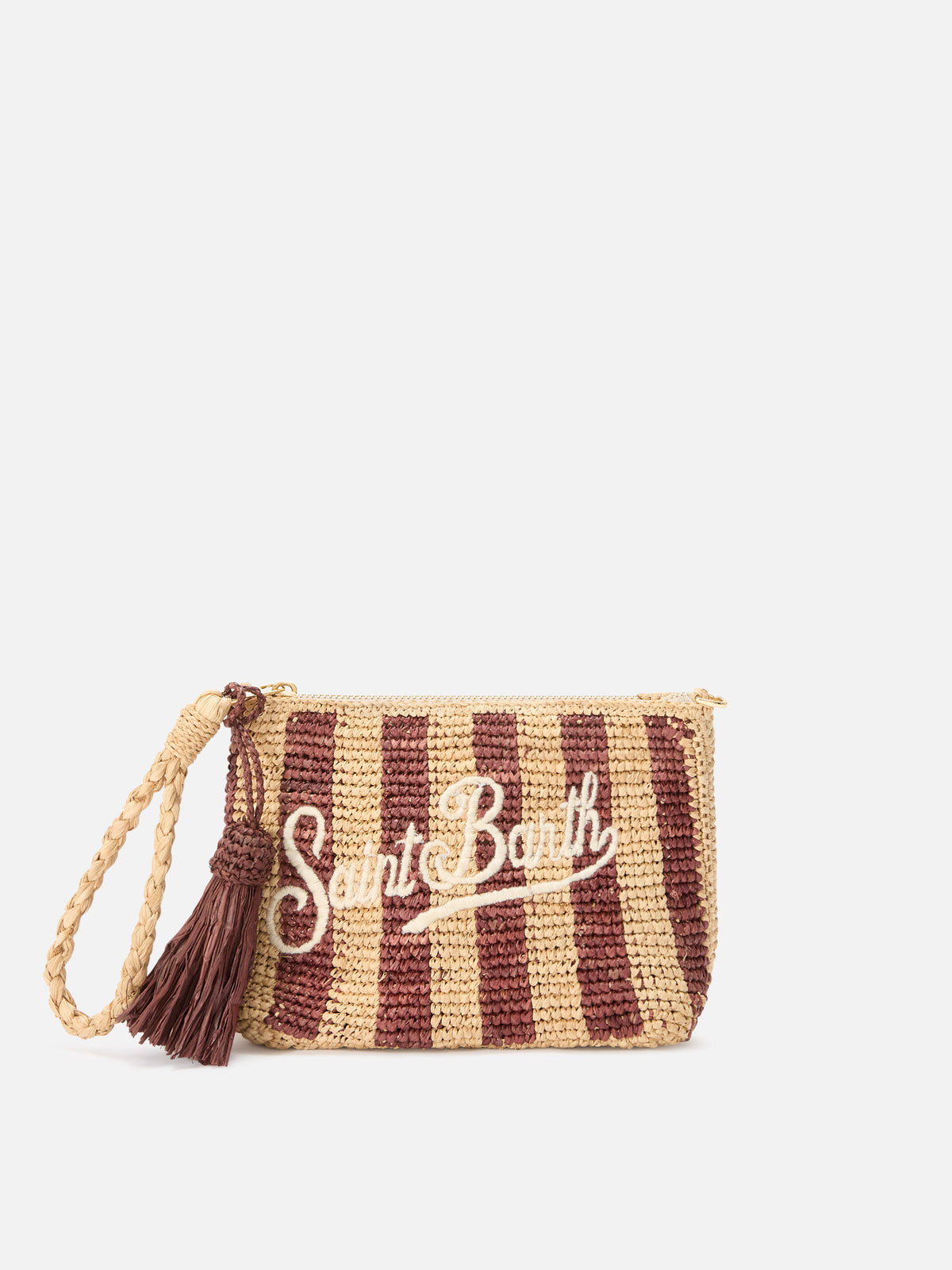 Pochette en raphia rayé avec logo brodé 