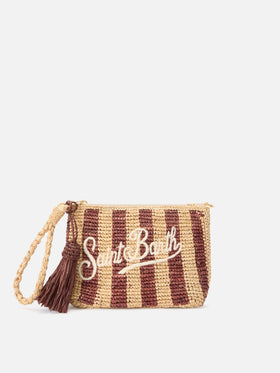 Pochette en raphia rayé avec logo brodé 