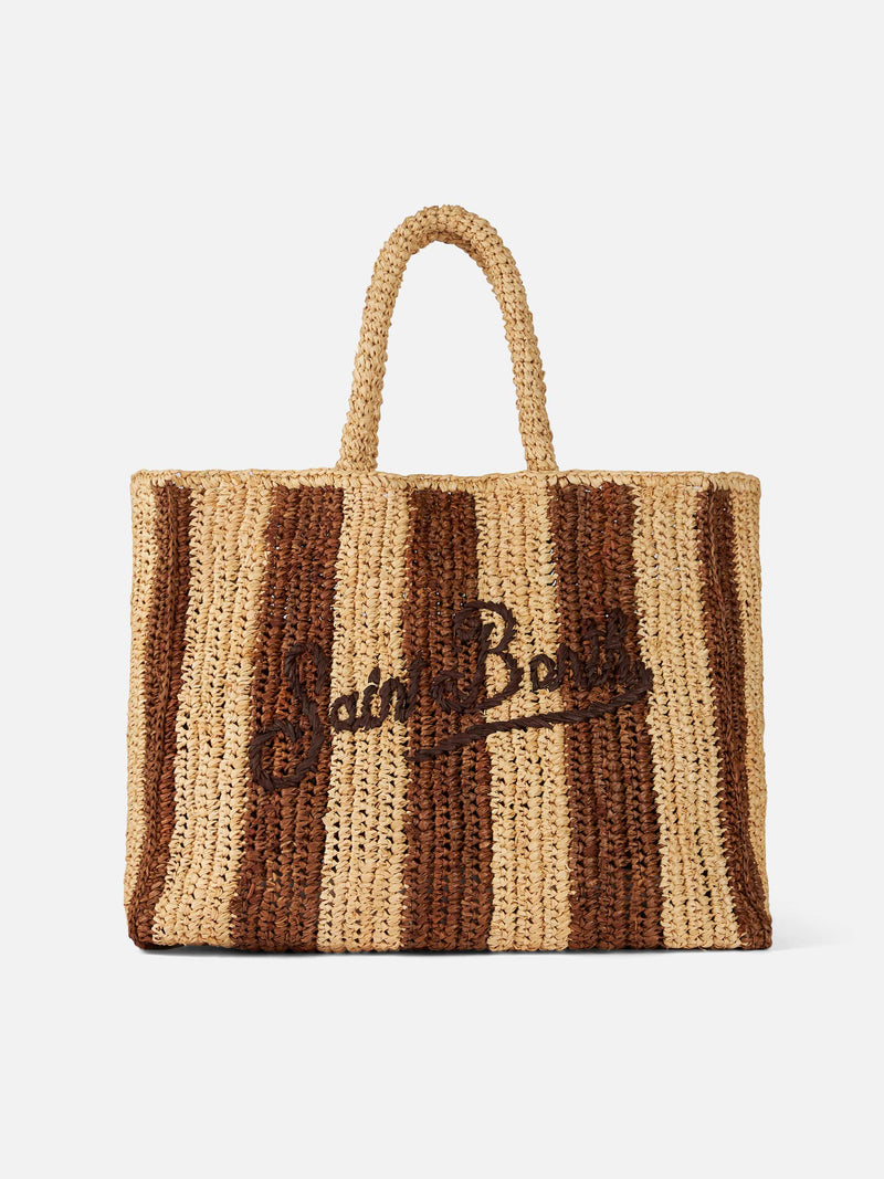 Brown striped Raffia Beach bag with cotton pouch