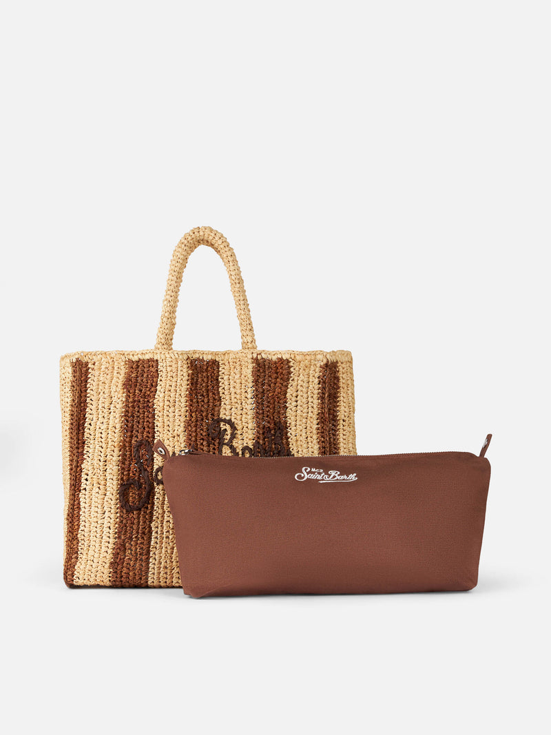 Brown striped Raffia Beach bag with cotton pouch