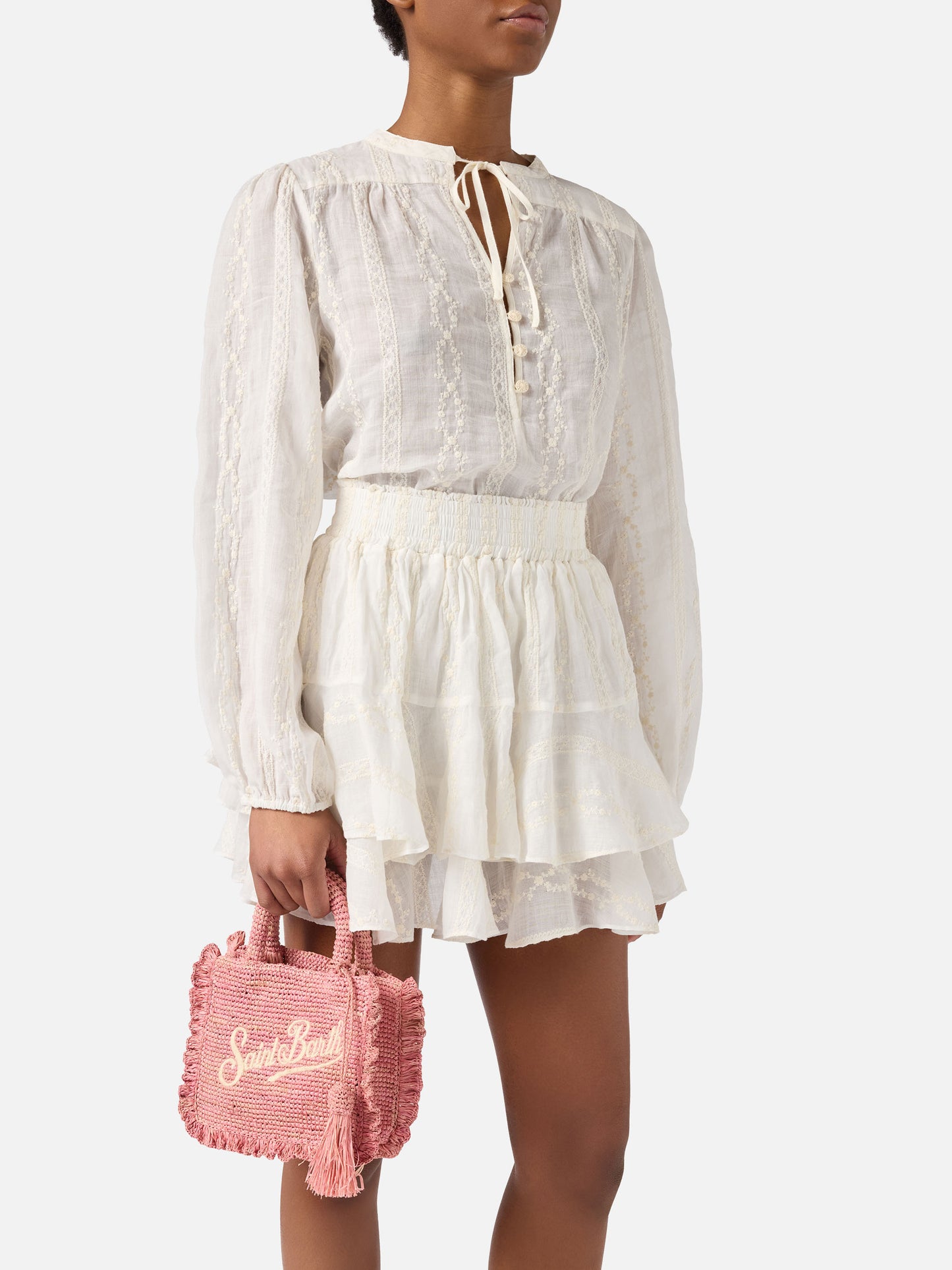 Pink Volant Mini raffia bag with embroidered logo