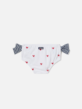 Rainbow swim bloomer in seersucker with hearts and vichy bows