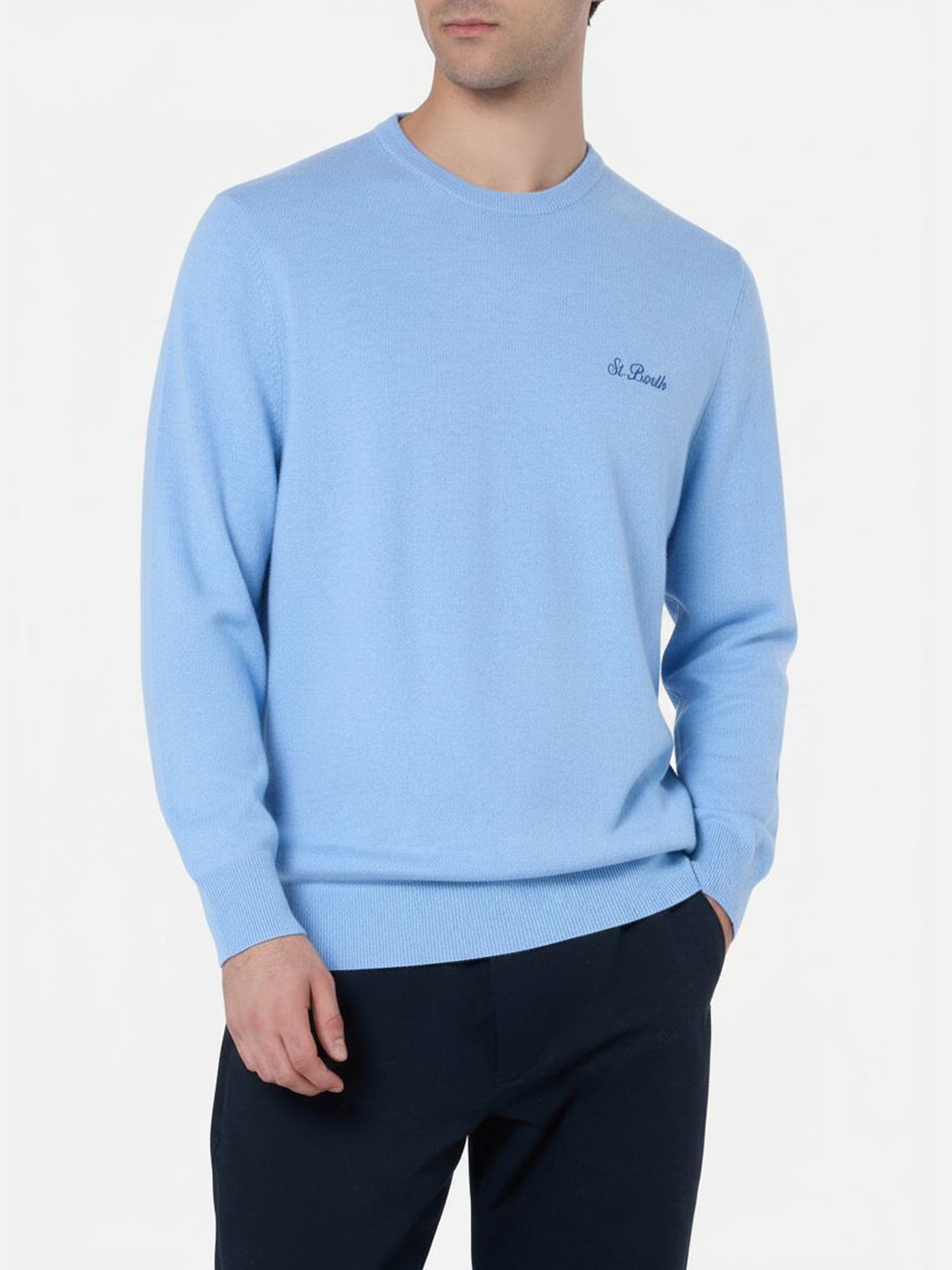Man light blue blended cashmere crewneck sweater Regent