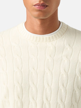 Jersey de cuello redondo Regent de lana color off white con punto trenzado 