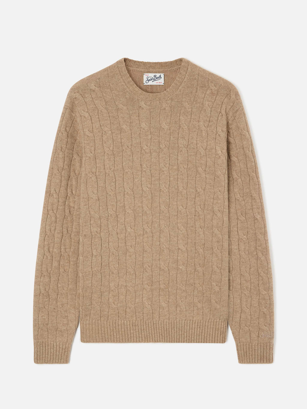 Pull à col rond Regent en laine kaki avec maille torsadée 