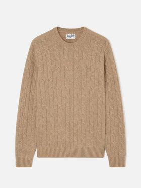 Pull à col rond Regent en laine kaki avec maille torsadée 