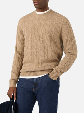 Jersey de cuello redondo Regent en lana color caqui con punto trenzado 