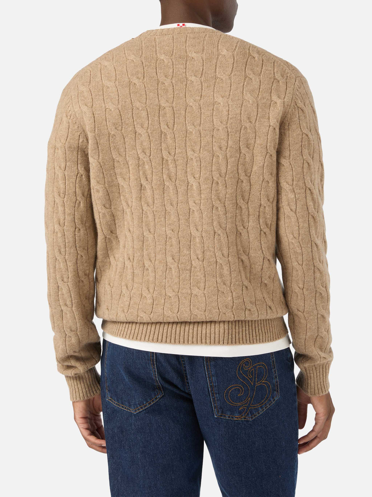 Jersey de cuello redondo Regent en lana color caqui con punto trenzado 