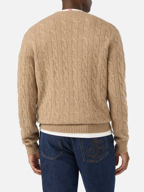 Jersey de cuello redondo Regent en lana color caqui con punto trenzado 