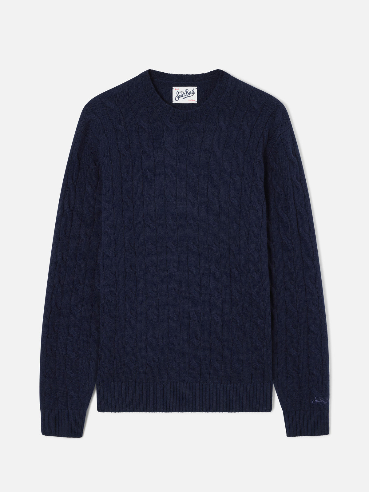 Marineblauer blue Regent Woll-Rundhalspullover mit Zopfmuster 