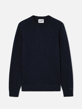 Navy blue Regent wool crewneck with cable knit