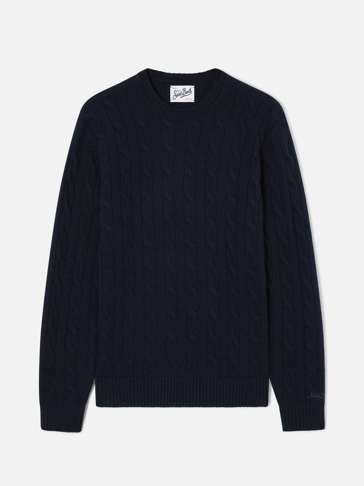 Maglia girocollo Regent blu navy in lana con lavorazione a trecce