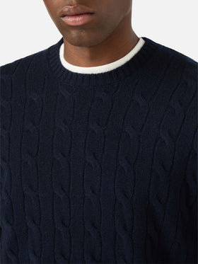 Navy blue Regent wool crewneck with cable knit