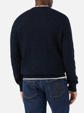 Navy blue Regent wool crewneck with cable knit