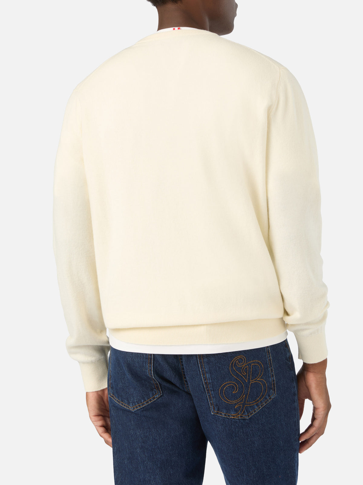 Jersey de cuello redondo Regent en mezcla de lana merino y cachemira color off white 