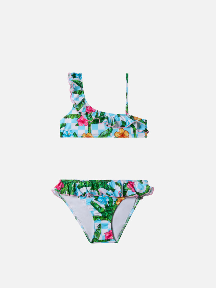 Rey One-Shoulder-Bikini mit Rüschen und Palmenmuster