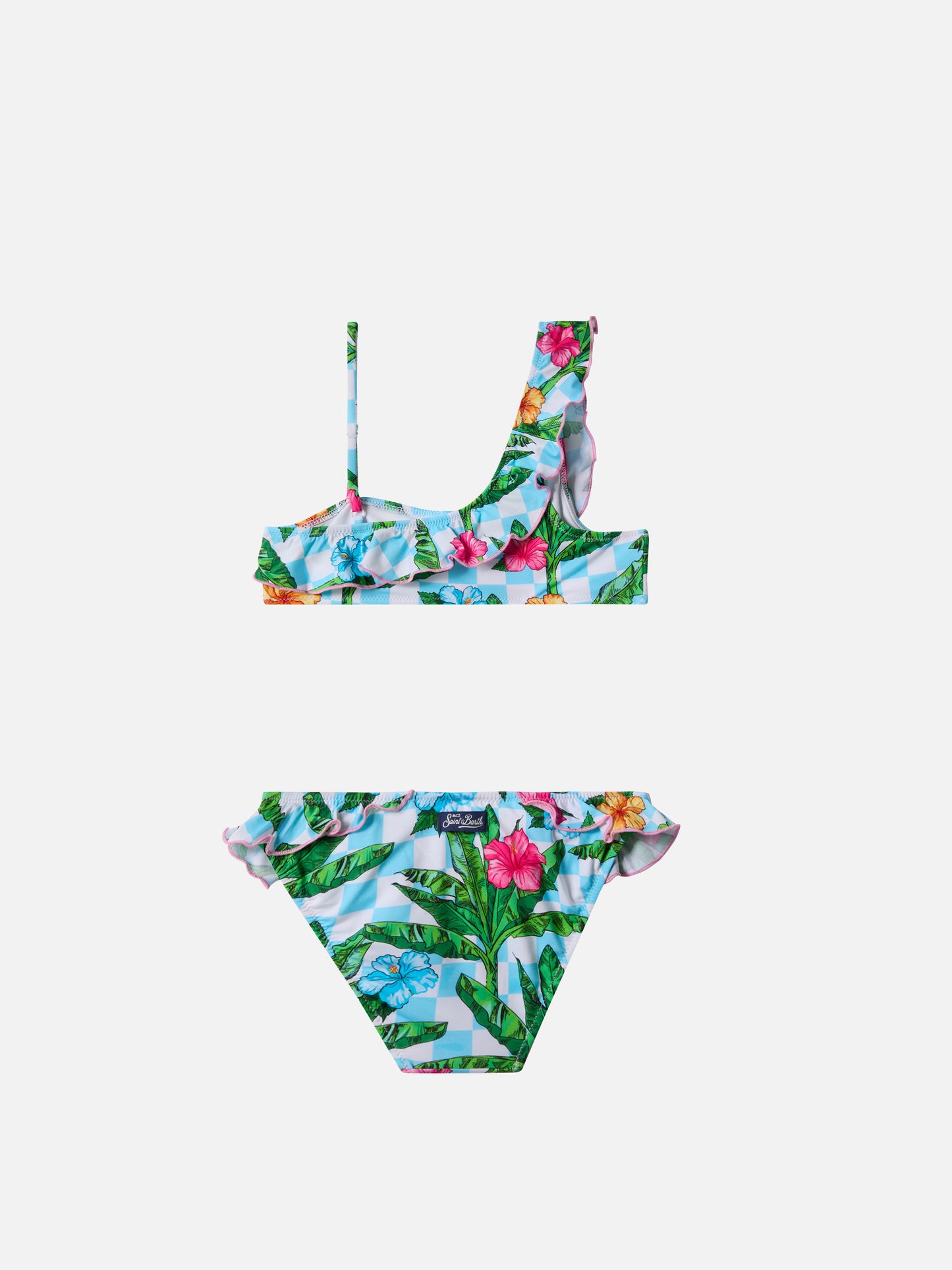 Bikini monospalla Rey con volant e stampa palme