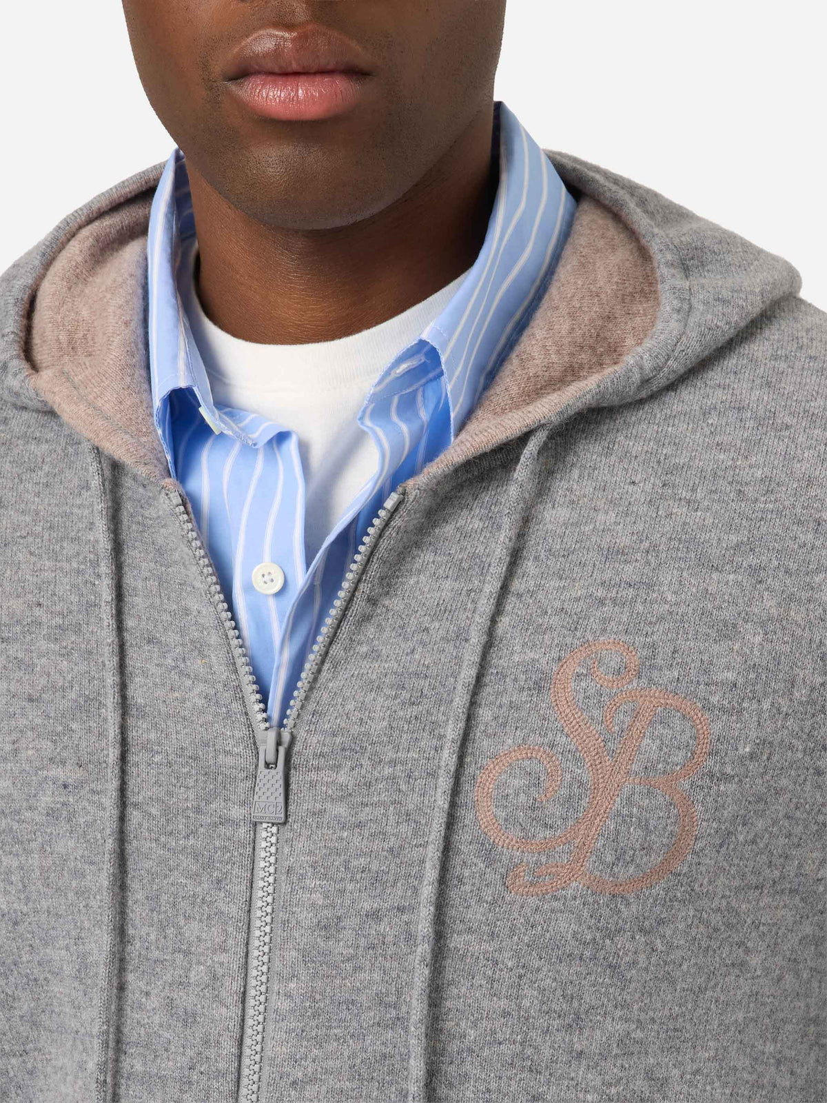 Grey Ridge wool hooded knit with SB Legacy monogram