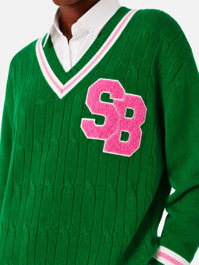 Suéter Roger trenzado verde con cuello de pico 