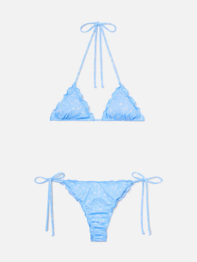 Bikini Sagitami triangle in light blue with all-over micro tropical print