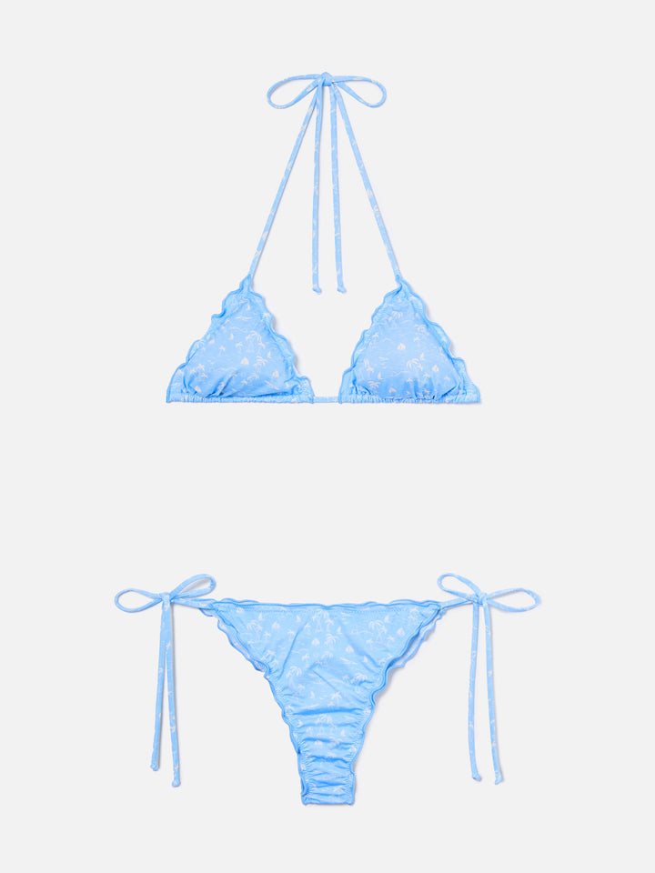 Bikini Sagitami triangolo azzurro con micro stampa tropicale all-over