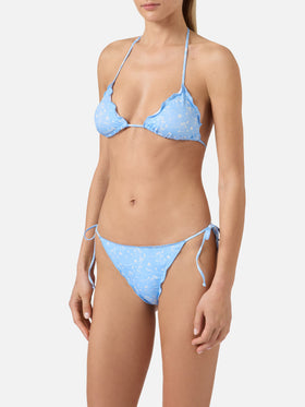 Bikini Sagitami triangle in light blue with all-over micro tropical print