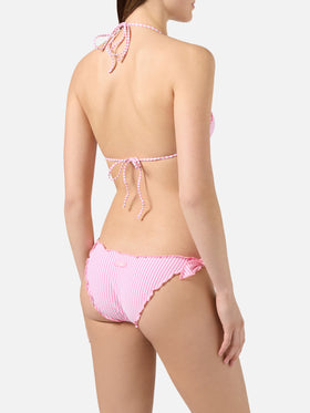 Bikini Sarius triangle in white and pink striped seersucker