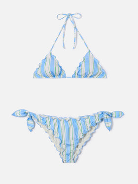 Bikini Sarius triangle with vertical white and light blue stripes