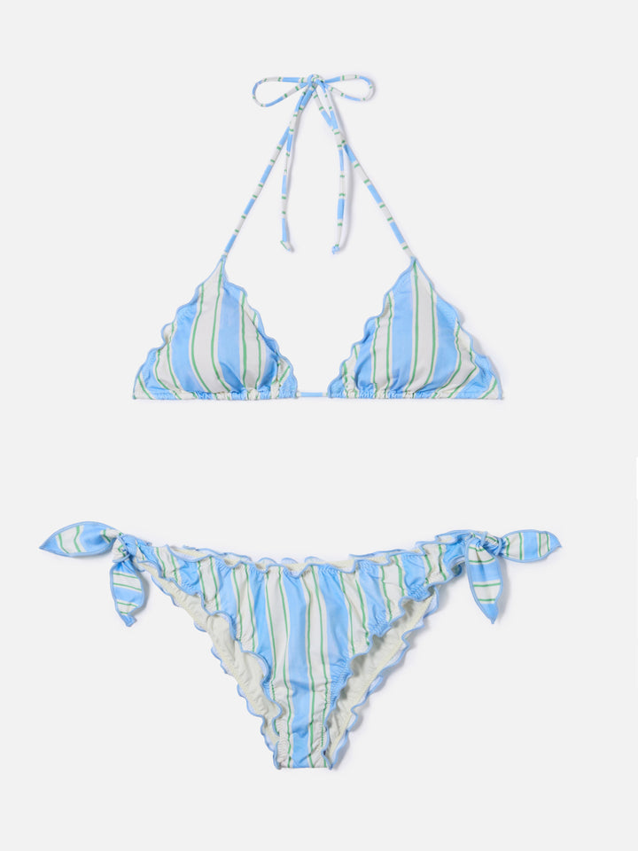Bikini Sarius triangle with vertical white and light blue stripes
