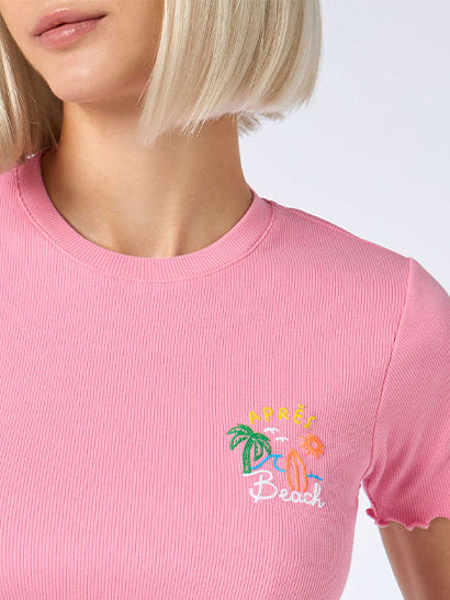 T-shirt da donna a costine con ricamo Après Beach