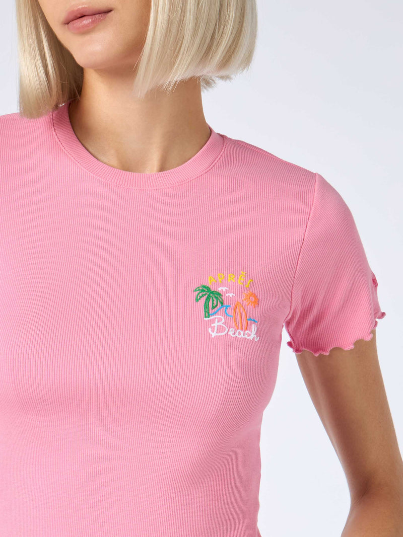 T-shirt da donna a costine con ricamo Après Beach