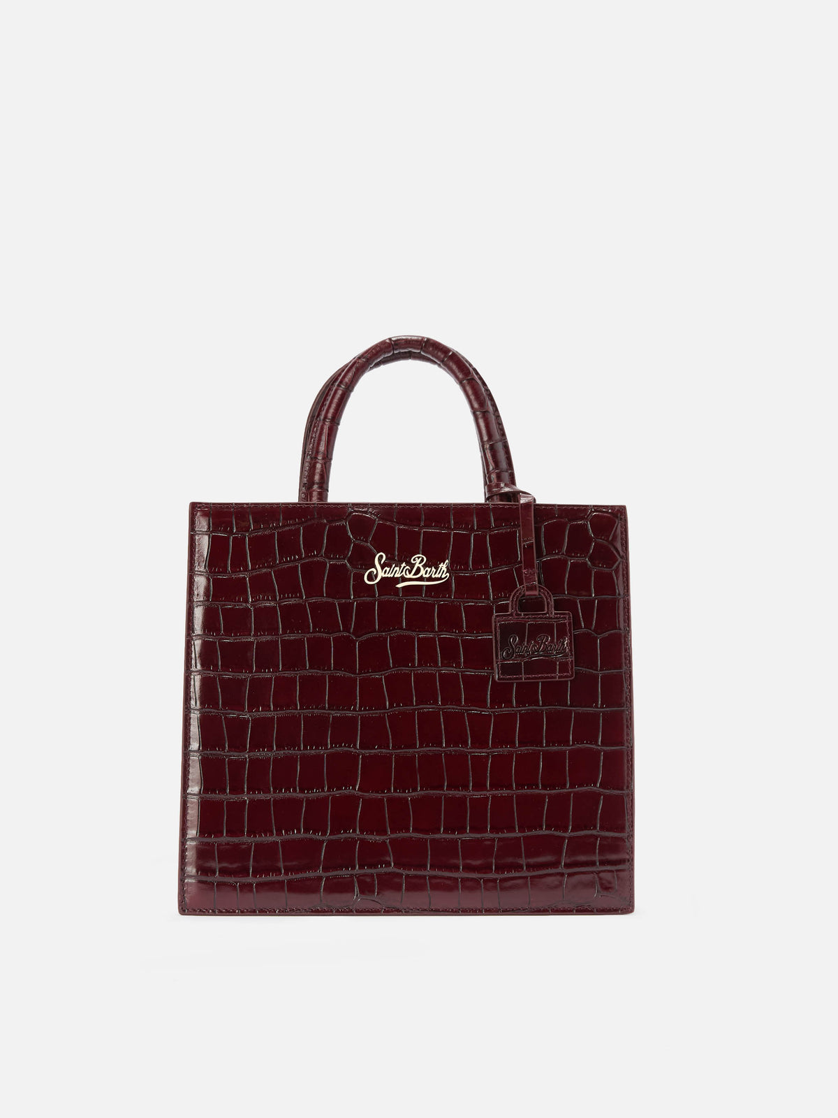 Bolso shopper mediano Bordeaux en piel con estampado croco y logotipo con letras 
