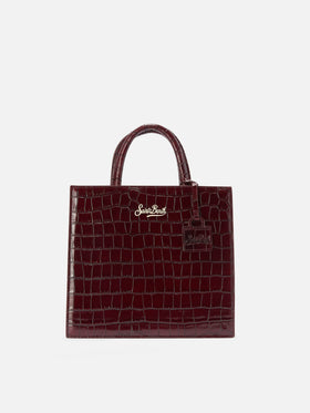 Bolso shopper mediano Bordeaux en piel con estampado croco y logotipo con letras 