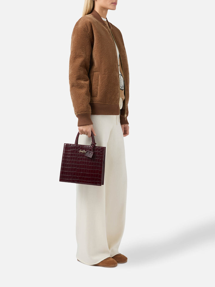 Bolso shopper mediano Bordeaux en piel con estampado croco y logotipo con letras 