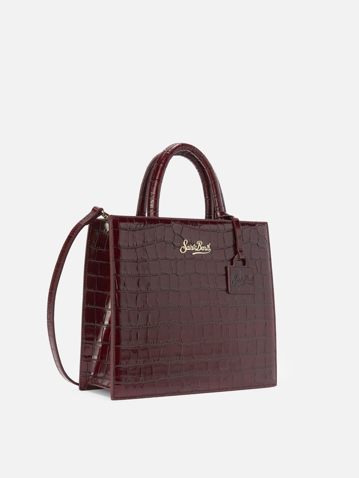 Bolso shopper mediano Bordeaux en piel con estampado croco y logotipo con letras 
