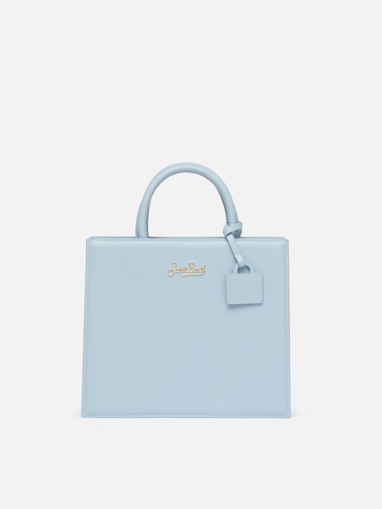 Structured Shop Midi bag in light blue smooth leather with metal tag