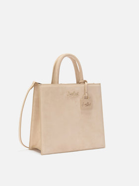 Shopping bag mediana Beige en ante con placa del logo de metal 