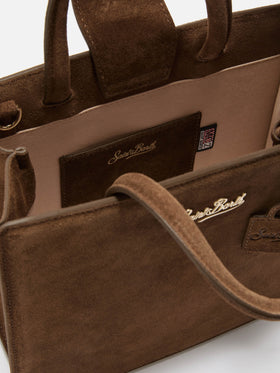 Bolso shopper mediano marrón de ante con logotipo en letras 