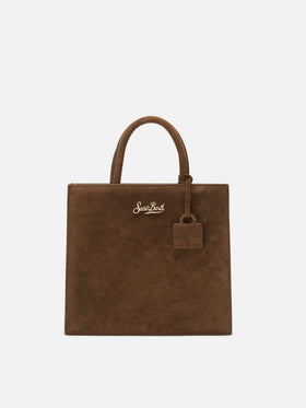 Bolso shopper mediano marrón de ante con logotipo en letras 