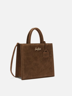 Bolso shopper mediano marrón de ante con logotipo en letras 