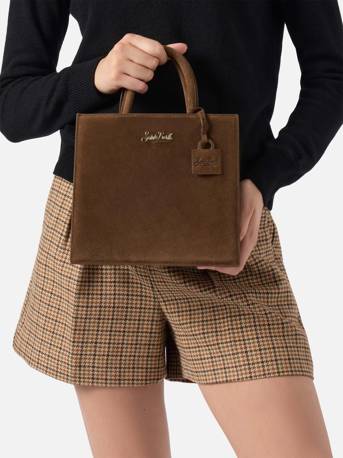 Bolso shopper mediano marrón de ante con logotipo en letras 