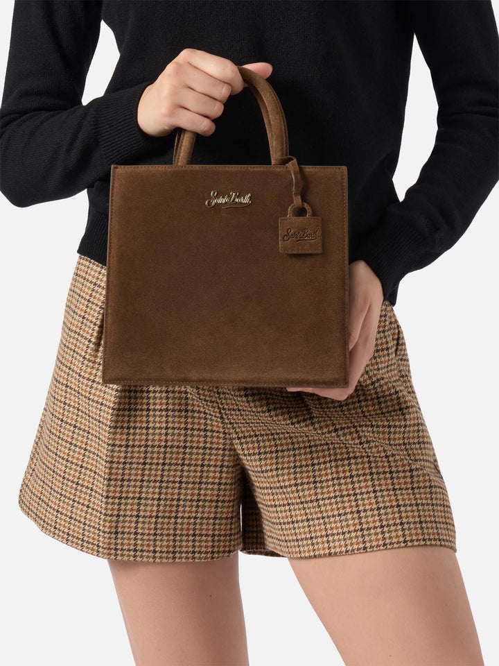Bolso shopper mediano marrón de ante con logotipo en letras 