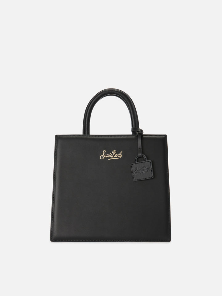 Structured Shop Midi bag in black smooth leather with metal tag