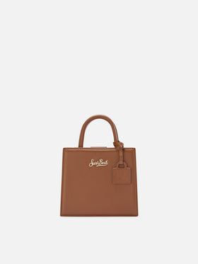 Brown Mini Shop bag in leather with logo lettering